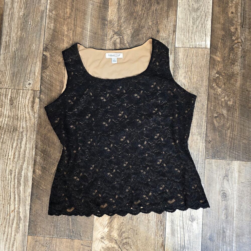 Black Lace Tank Top Floral Overlay Nude Lined Sleeveless Romantic Goth Large